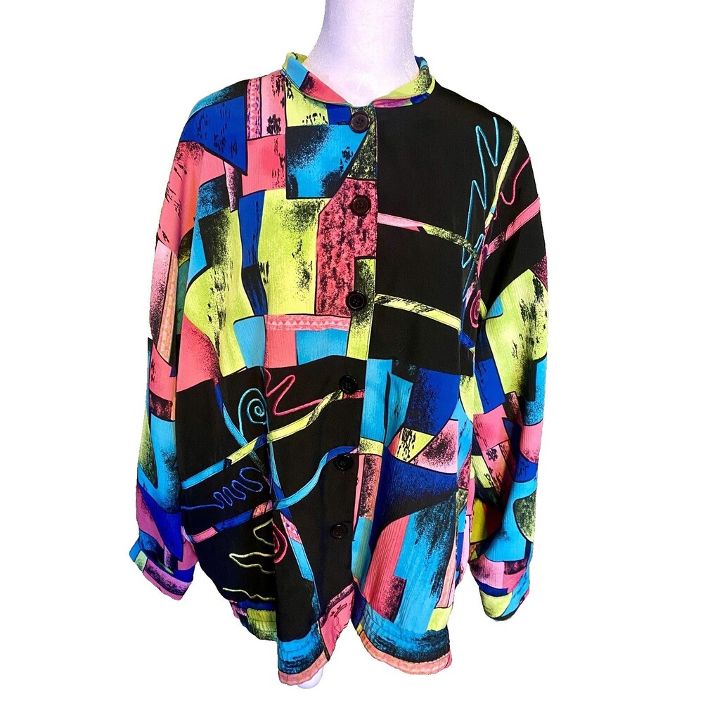 80s Women Jacket Abstract Slinky Size 18 Petite Polyester JG by Joyce Vintage